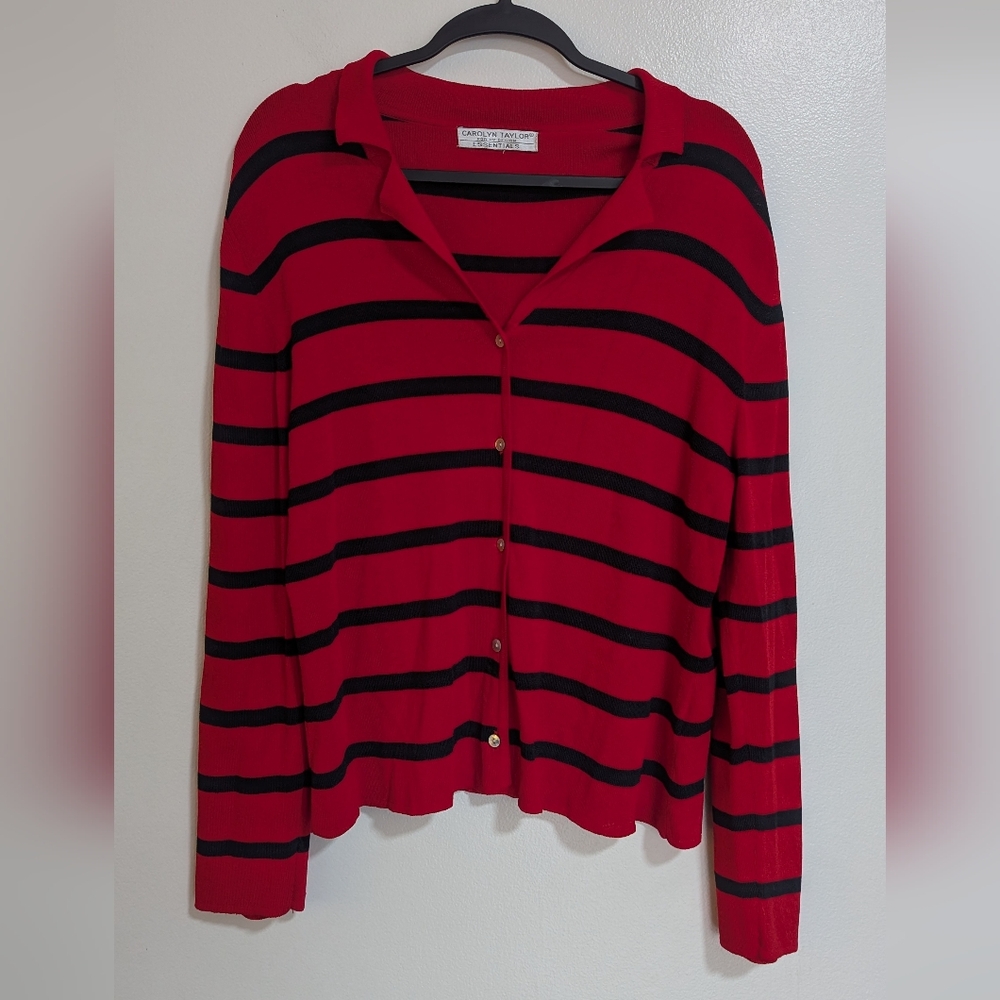 Vintage Carolyn Taylor Essentials Red Black‎ Stripe V Neck Button Front Sweater